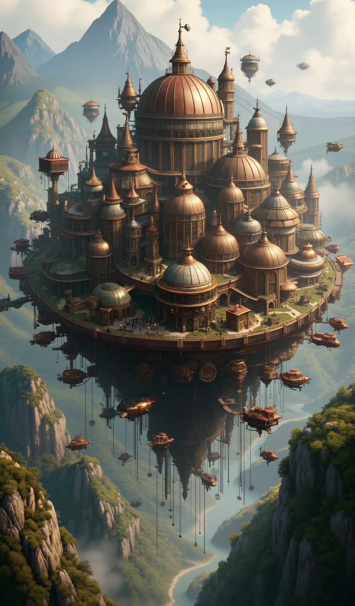 A floating steampunk city shaped like a giant turtle hovers above a dense,  untamed landscape of rugged mountains,  dense...
