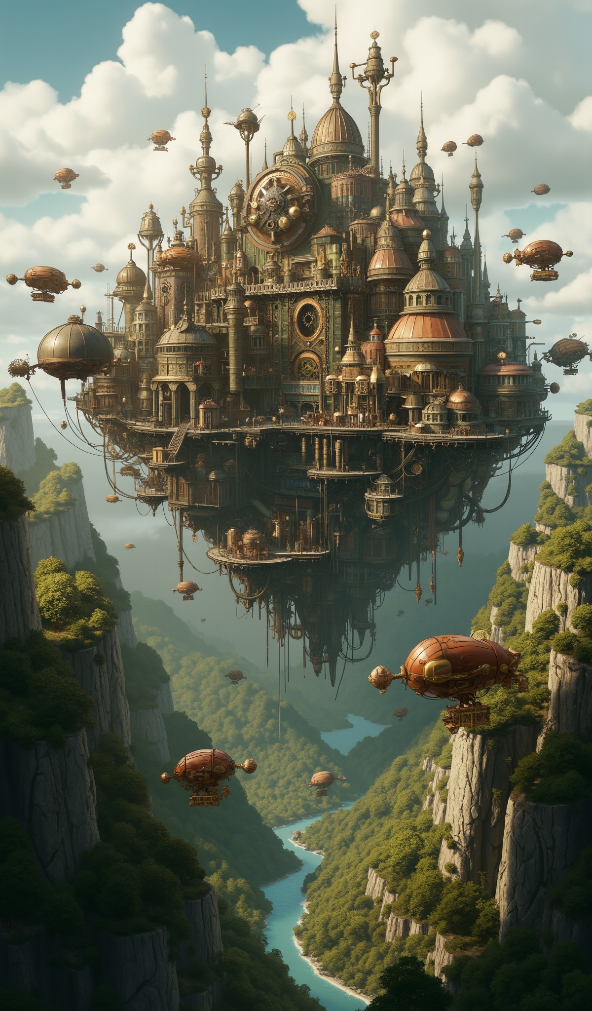 A floating steampunk city shaped like a giant turtle hovers above a dense,  untamed landscape of rugged mountains,  dense...