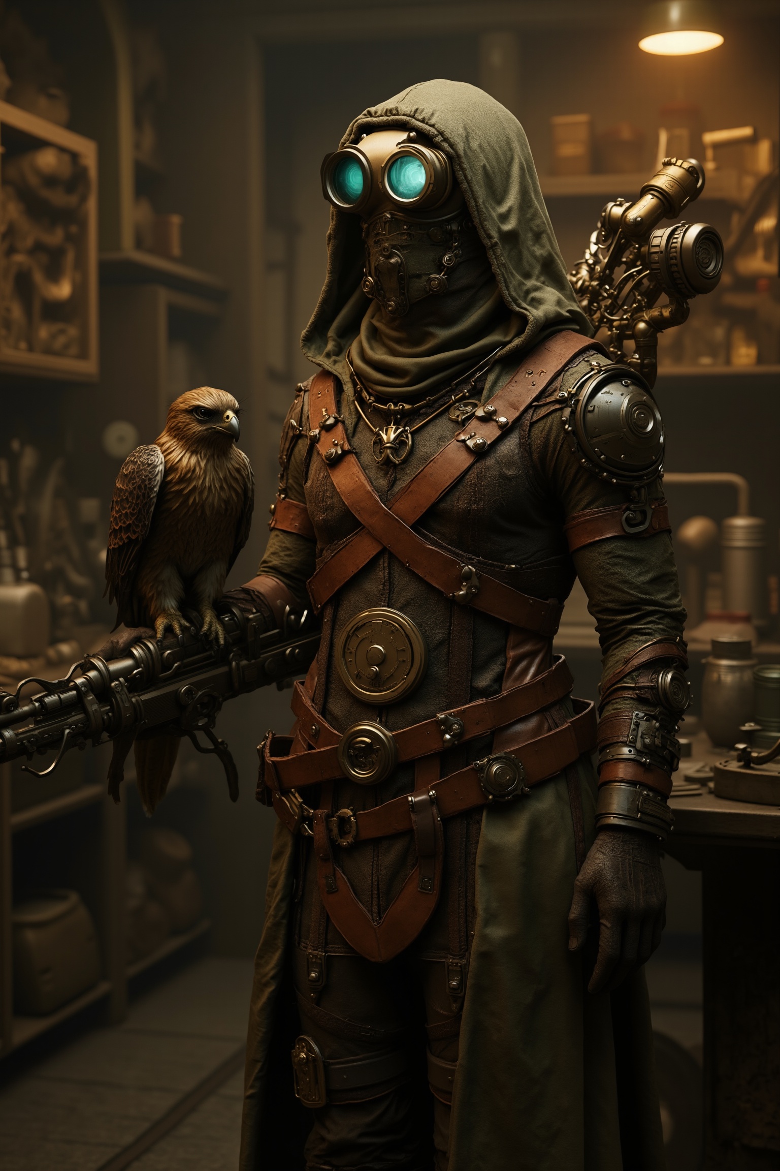 A highly detailed 8k UHD image of a steampunk-themed mummy bounty hunter,  adorned with intricate gears,  leather straps o...