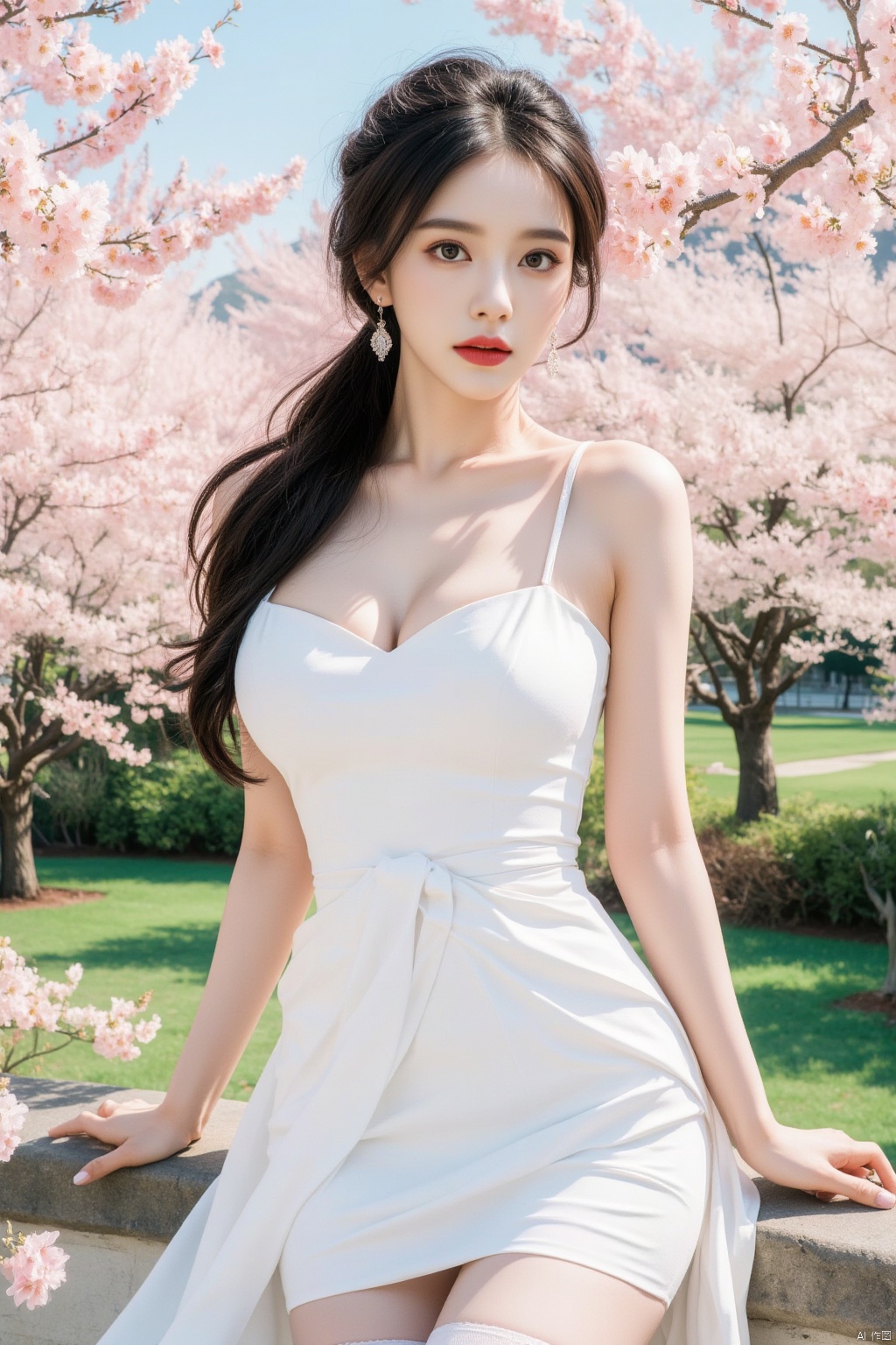 (masterpiece), best quality, highest quality, extremely detailed CG unity 8k wallpaper, detailed and intricate, original,highres, ,unparalleled masterpiece, ultra realistic 8k CG, perfect artwork, ((perfect female figure)),mature female, milf, narrow waist, large breasts, black hair,hair pulled back, Folded tied hair,simple diamond earrings,detailed skin, looking at viewer,solo, 1girls, thin waist, Colleagues,very long hair, looking at viewer, blueeyes, earrings, large breasts, slim body,(wedding dress) ,(((blossom trees, peach, riverside, beautiful background))), perfect lighting, (front lighting), physically-based rendering, white dress, white thighhighs,
