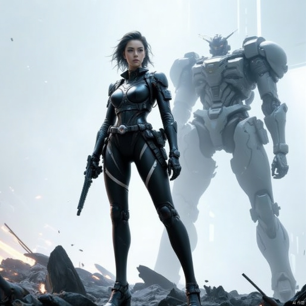 Cyber Swordsman,a female figurine stands on a rock surface,dressed in a black leather outfit adorned with a white belt. She is holding a black rifle in her right hand,her left hand resting on her hip. Her right hand is positioned in front of her right arm,while her left arm is positioned on the left. Her hair is styled in a sleek bob,adding a touch of power to the scene. The backdrop is a stark white and gray,with a robot in the upper right corner of the frame.
