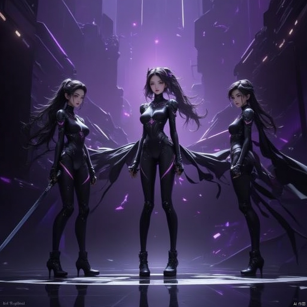 Cyber Swordsman,three animated female characters are standing on a stage
each dressed in a black leather outfit adorned with black boots and high-heeled boots. The woman on the left is holding a sword