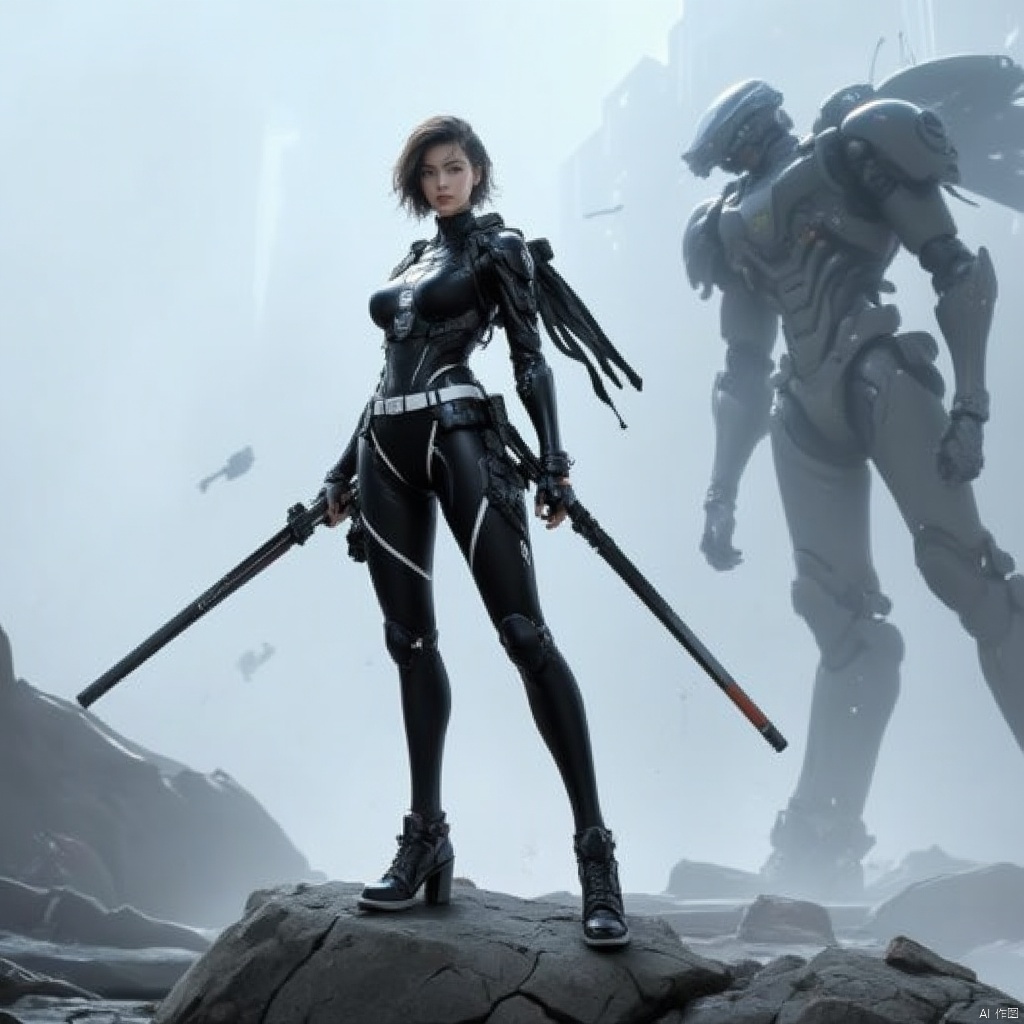 Cyber Swordsman,a female figurine stands on a rock surface,dressed in a black leather outfit adorned with a white belt. She is holding a black rifle in her right hand,her left hand resting on her hip. Her right hand is positioned in front of her right arm,while her left arm is positioned on the left. Her hair is styled in a sleek bob,adding a touch of power to the scene. The backdrop is a stark white and gray,with a robot in the upper right corner of the frame.