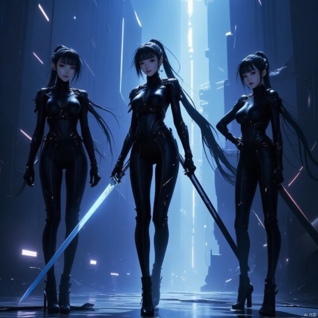 Cyber Swordsman,three animated female characters are standing on a stage
each dressed in a black leather outfit adorned with black boots and high-heeled boots. The woman on the left is holding a sword
