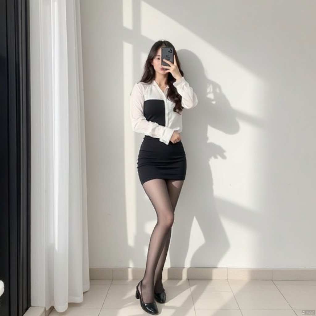 Take a selfie with your phone,a woman stands in a stark white room,holding her phone up to her face. She is dressed in a black skirt,a white blouse,and black tights. Her shoes are black,her hair is long and wavy,and her shadow is cast on the wall behind her. To the left of her is a black door with a ,white curtain hanging from it.