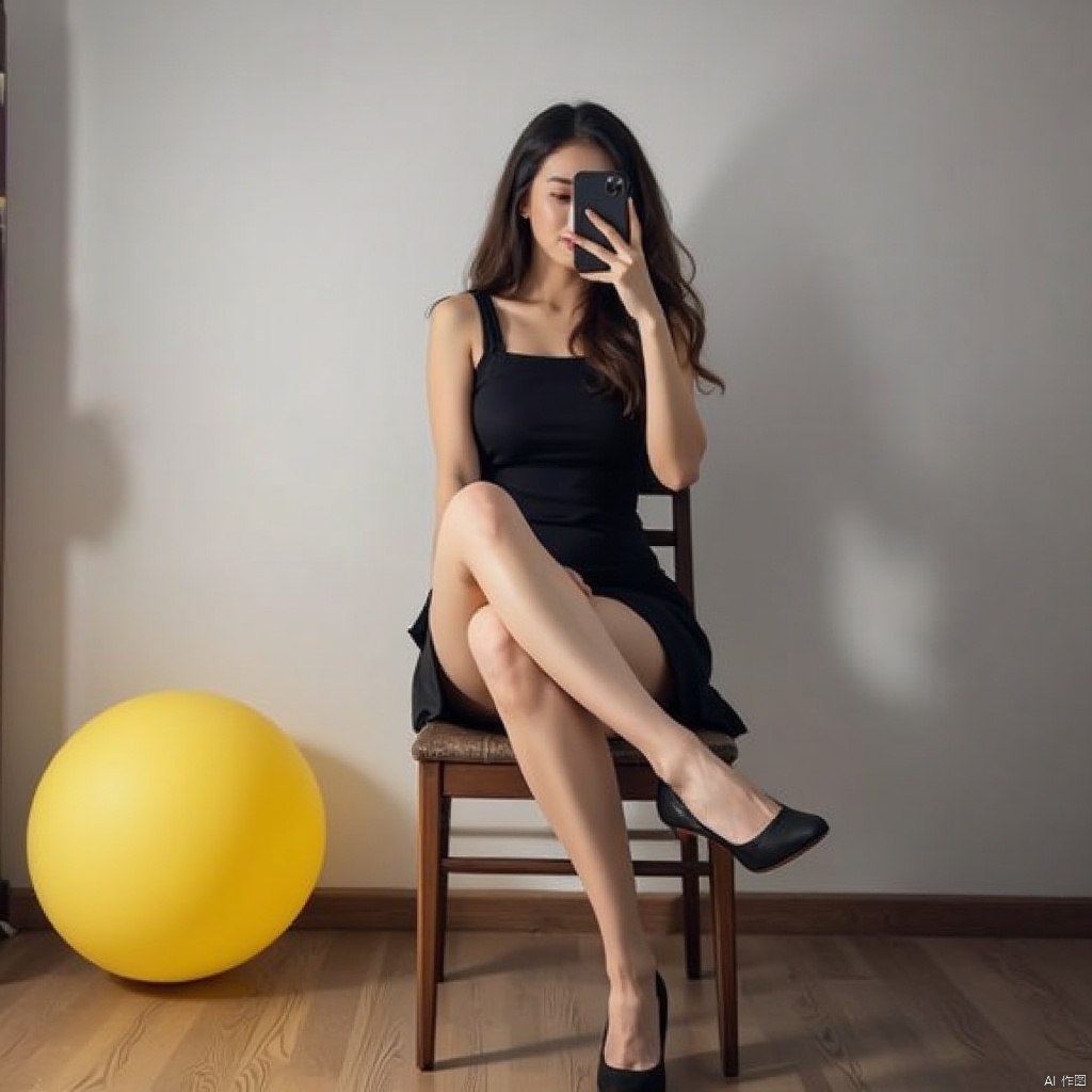 Take a selfie with your phone
a woman is seated on a wooden chair
holding a smartphone in her right hand. She is dressed in a black dress
with long
wavy brown hair. Her legs are crossed in front of her
and her left leg is slightly bent at the elbow. Her right hand is resting on her hip
while her left hand is holding the phone up to her face. The backdrop is a stark white wall
and the lighting is subdued
creating a stark contrast to the woman's body. The chair she is sitting on is made of wood
with a wooden floor beneath it. To the left of the woman is a yellow ball
adding a pop of color to the scene.
