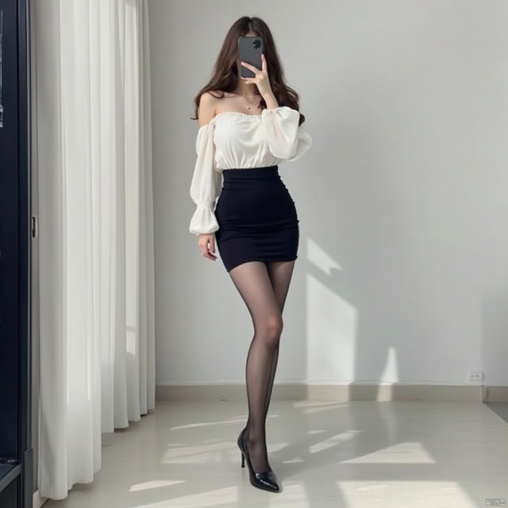 Take a selfie with your phone,a woman stands in a stark white room,holding her phone up to her face. She is dressed in a black skirt,a white blouse,and black tights. Her shoes are black,her hair is long and wavy,and her shadow is cast on the wall behind her. To the left of her is a black door with a ,white curtain hanging from it.