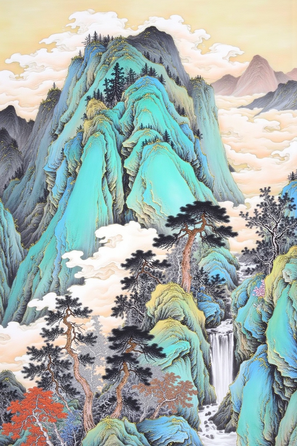 (masterpiece, best picture quality:1.3),scenery,no humans,mountain,cloud,outdoors,landscape,sky,tree,nature,water,cliff,waterfall,traditional media,shanshui,