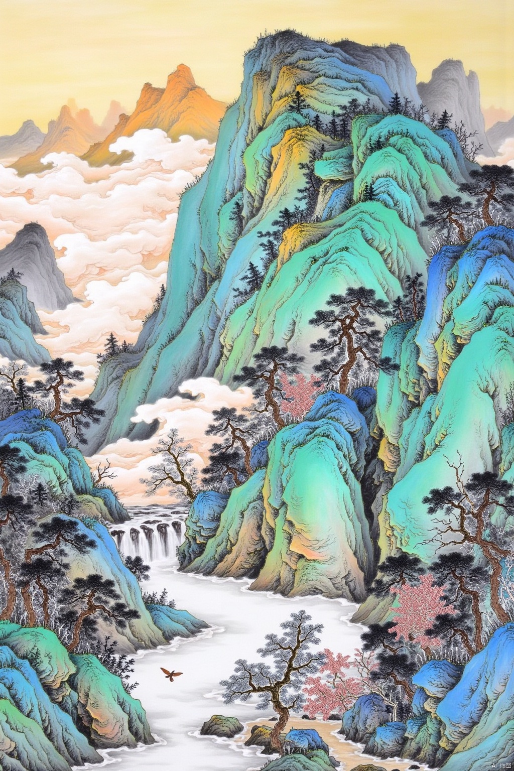 (masterpiece, best picture quality:1.3),scenery,no humans,mountain,cloud,outdoors,landscape,sky,tree,nature,water,cliff,waterfall,traditional media,shanshui,