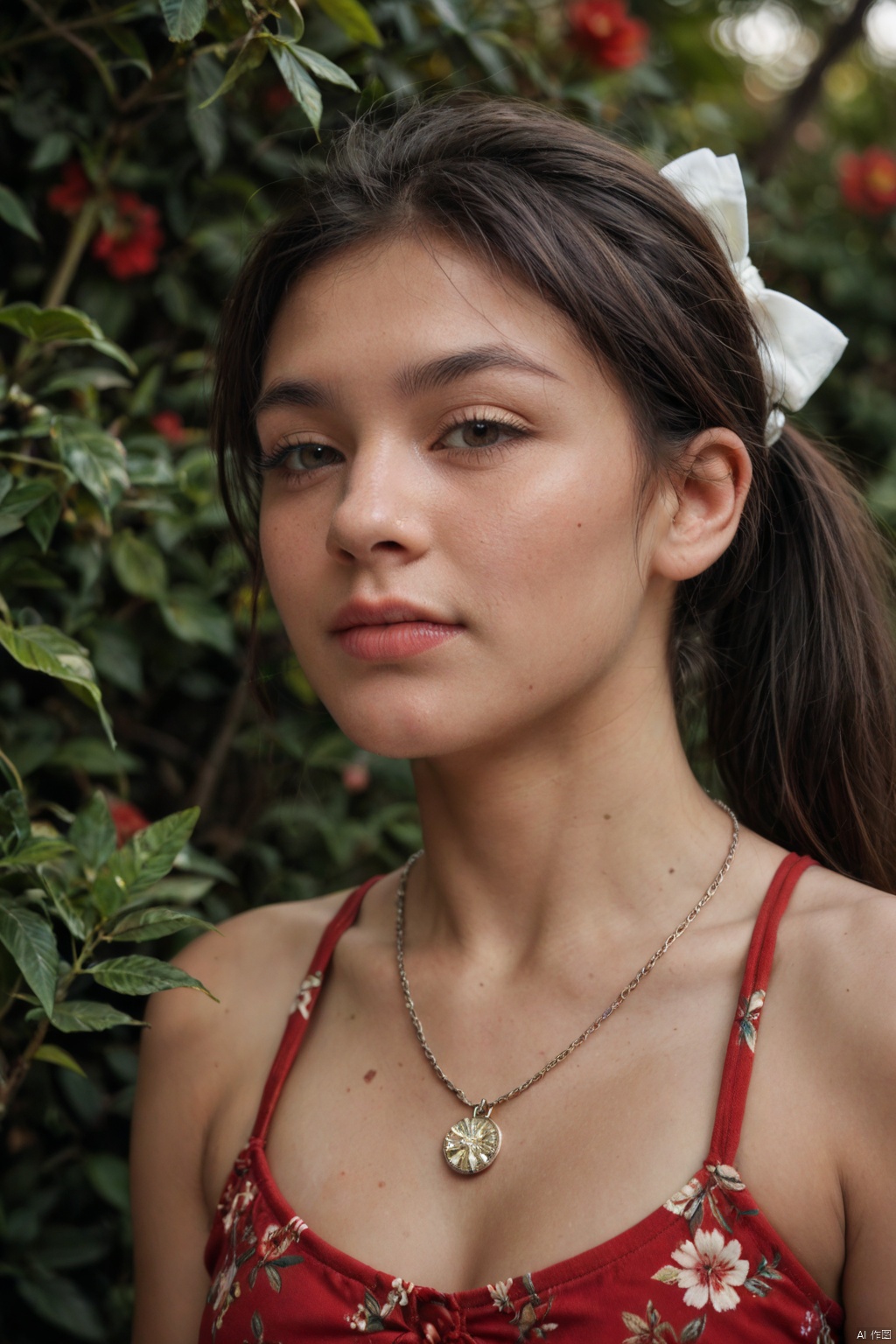 a young Asian woman with long dark brown hair,  wearing a red sleeveless blouse with a floral pattern. She is wearing a si...