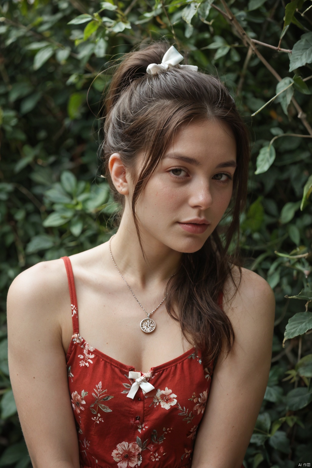 a young Asian woman with long dark brown hair,  wearing a red sleeveless blouse with a floral pattern. She is wearing a si...
