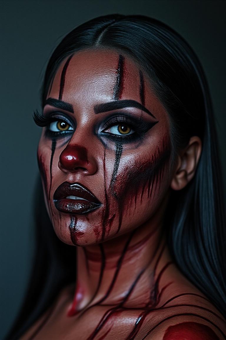 A close-up shot of a model's face, drenched in darkness, as eerie lighting casts an otherworldly glow. The subject's skin is transformed into a canvas of gruesome wounds, with thick layers of prosthetic and paint creating a realistic, blood-soaked horror makeup design. The framing emphasizes the grotesque details, with shadows accentuating the macabre beauty.