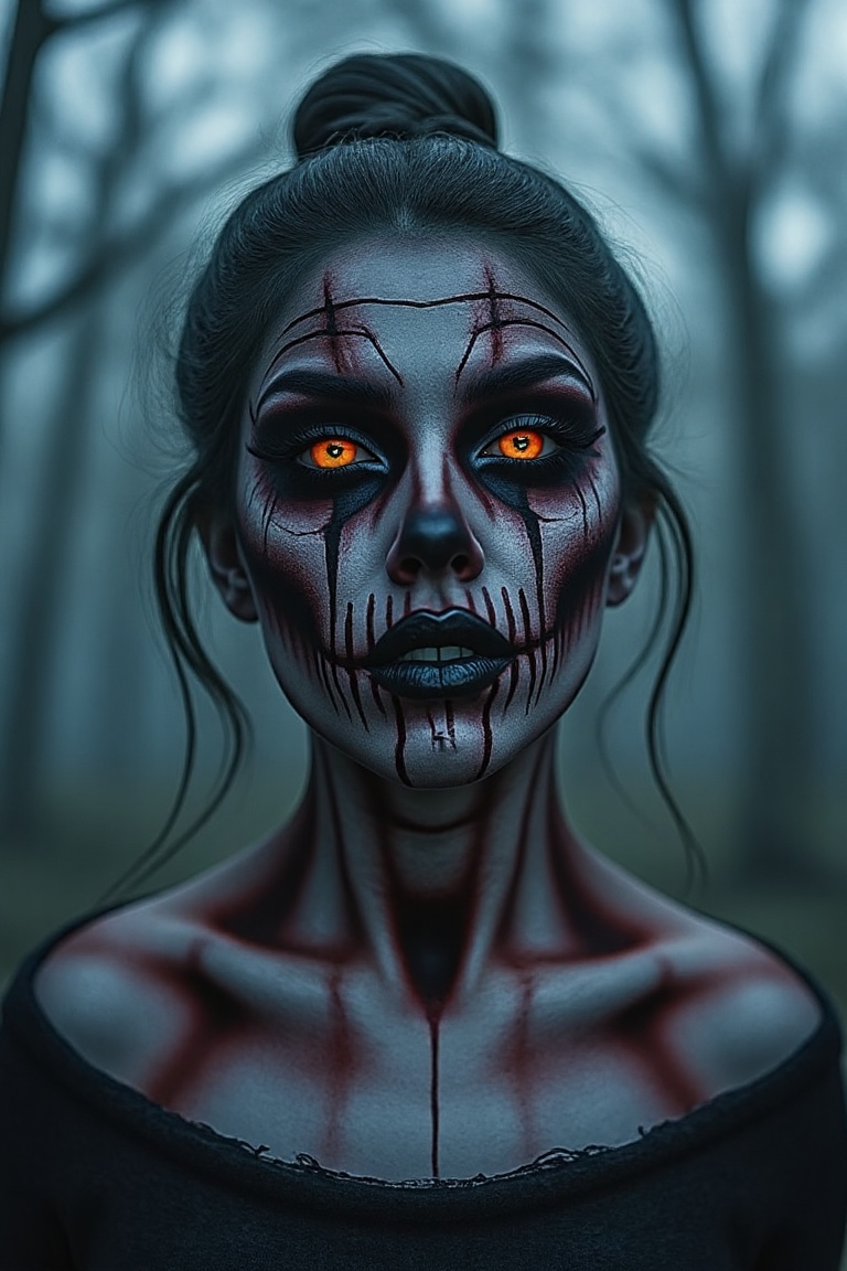 A dark, eerie forest serves as the haunting backdrop for a terrifying Halloween horror character. The victim's face is transformed into a grotesque mask of terror, with twisted vines and thorns woven into their skin like macabre jewelry. Eyes glow like embers from a dying flame, surrounded by a web of crimson trickles. A wispy fog creeps through the trees, casting an ominous shadow on the character's pale skin.