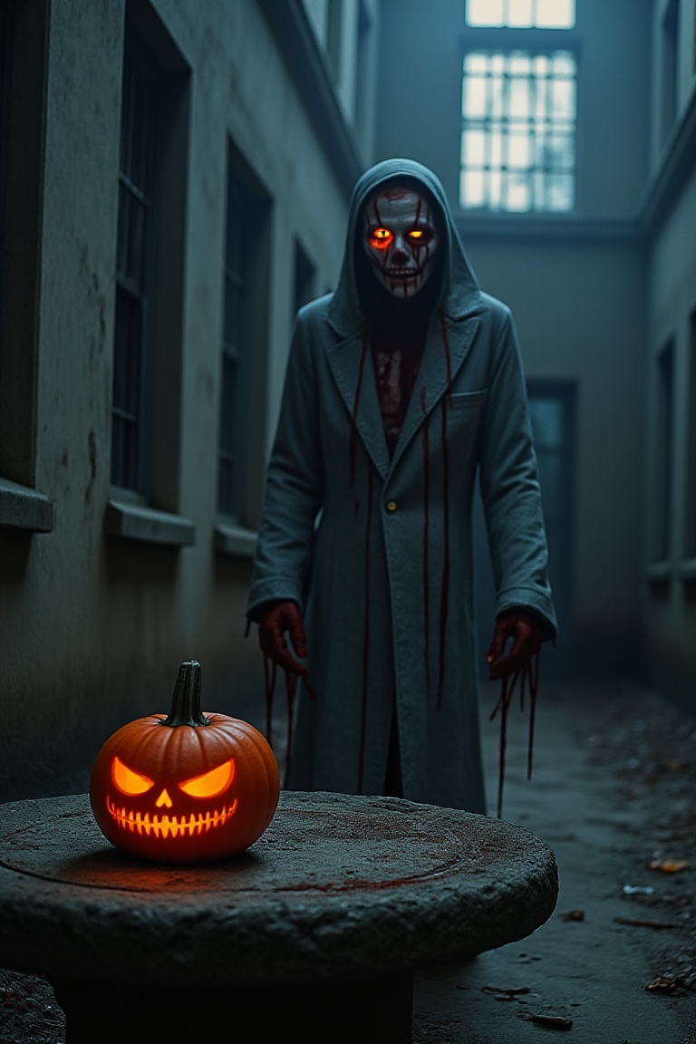 In a dimly lit, abandoned asylum's crumbling courtyard, a horror figure emerges from the shadows, shrouded in darkness. The victim's face contorts into a mask of terror, as rusted medical equipment and twisted pipes entwine like macabre adornments. Eyes glow like dying embers, surrounded by crimson trickles. Wispy fog creeps through the courtyard's broken windows, casting an ominous shadow on pale skin. A pumpkin, aglow with an eerie orange light, sits atop a crumbling stone bench, as if watching the unfolding horror scene.