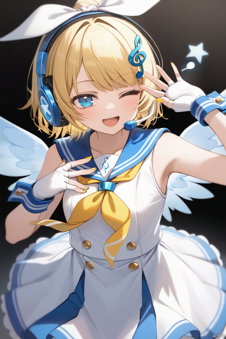 1girl, solo, looking at viewer, smile, short hair, open mouth, bangs, blue eyes, blonde hair, hair ornament, gloves, dress, bow, ribbon, bare shoulders, hair bow, one eye closed, wings, sleeveless, hairclip, white gloves, fingerless gloves, sailor collar, star \(symbol\), nail polish, white dress, arm up, neckerchief, wrist cuffs, sleeveless dress, swept bangs, headphones, ;d, white bow, headset, sailor dress, yellow neckerchief, yellow nails, treble clef, kagamine rin