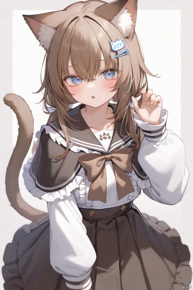 1girl, solo, long hair, looking at viewer, blush, bangs, blue eyes, skirt, brown hair, shirt, hair ornament, long sleeves, white background, bow, animal ears, hair between eyes, tail, white shirt, frills, parted lips, hairclip, puffy sleeves, cat ears, hand up, black skirt, sailor collar, grey background, :o, cat tail, animal ear fluff, capelet, cat girl, two-tone background, puffy long sleeves, black sailor collar, brown skirt, center frills, brown bow, brown capelet, frilled capelet