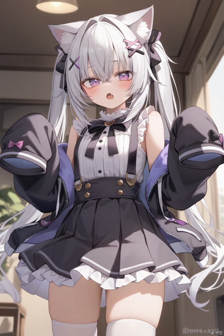 1girl, solo, long hair, looking at viewer, blush, open mouth, bangs, skirt, shirt, hair ornament, thighhighs, long sleeves, bow, animal ears, hair between eyes, bare shoulders, twintails, very long hair, standing, purple eyes, jacket, white shirt, white hair, hair bow, grey hair, pleated skirt, frills, open clothes, sleeveless, hairclip, fang, puffy sleeves, indoors, cat ears, black skirt, off shoulder, twitter username, :o, white thighhighs, open jacket, animal ear fluff, sleeves past wrists, sleeveless shirt, black bow, hair intakes, suspenders, frilled skirt, x hair ornament, cat girl, puffy long sleeves, sleeves past fingers, suspender skirt
