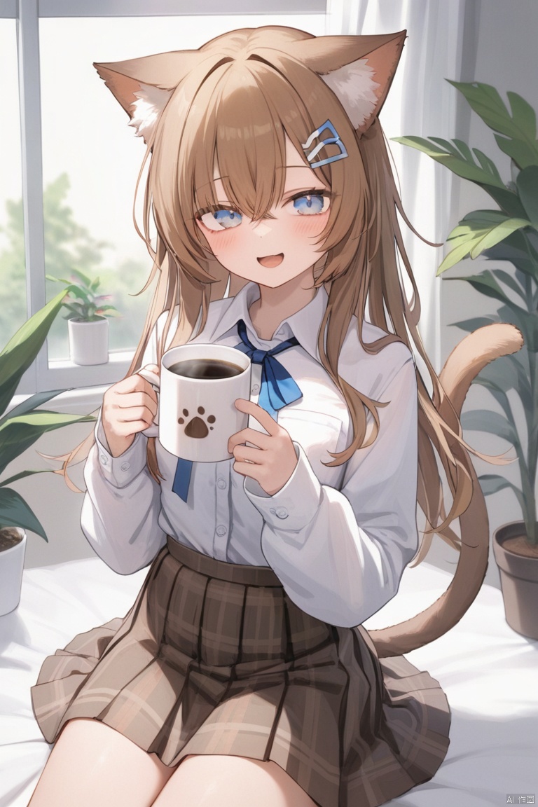 1girl, solo, long hair, looking at viewer, blush, smile, open mouth, bangs, blue eyes, skirt, brown hair, shirt, hair ornament, long sleeves, holding, animal ears, hair between eyes, tail, white shirt, :d, pleated skirt, hairclip, puffy sleeves, collared shirt, indoors, cat ears, cup, cat tail, animal ear fluff, sleeves past wrists, plaid, window, dress shirt, plaid skirt, plant, cat girl, holding cup, brown skirt, mug, potted plant, coffee