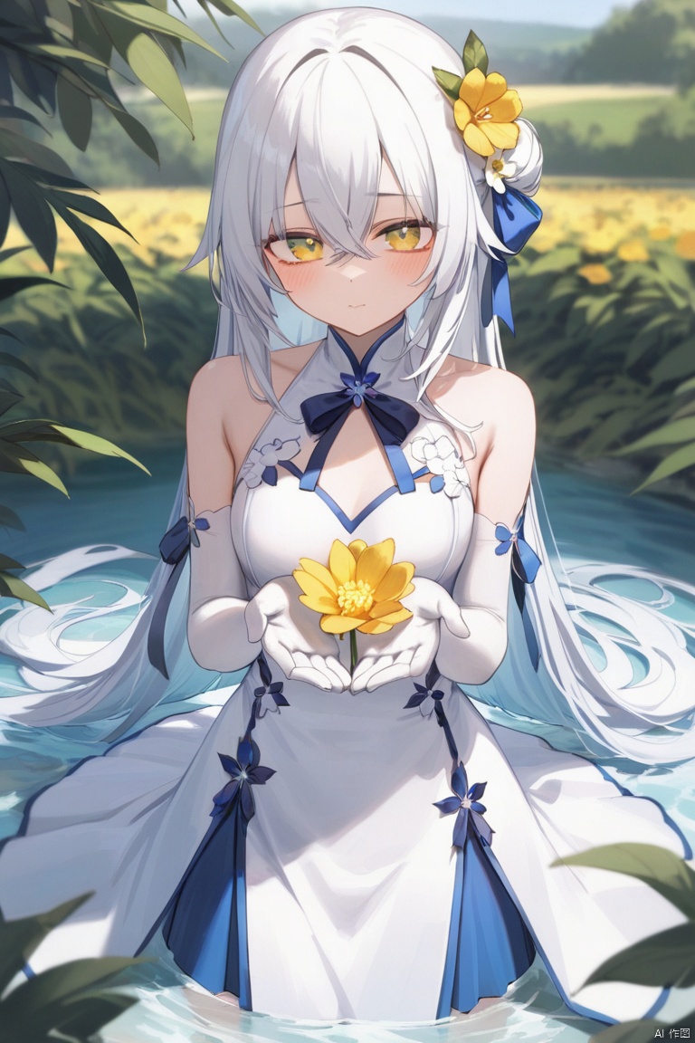 1girl, solo, long hair, looking at viewer, blush, bangs, hair ornament, gloves, dress, ribbon, hair between eyes, bare shoulders, very long hair, closed mouth, green eyes, standing, hair ribbon, yellow eyes, flower, white hair, outdoors, elbow gloves, white gloves, hair flower, water, hair bun, white dress, sleeveless dress, leaf, blue ribbon, wading, yellow flower, cupping hands