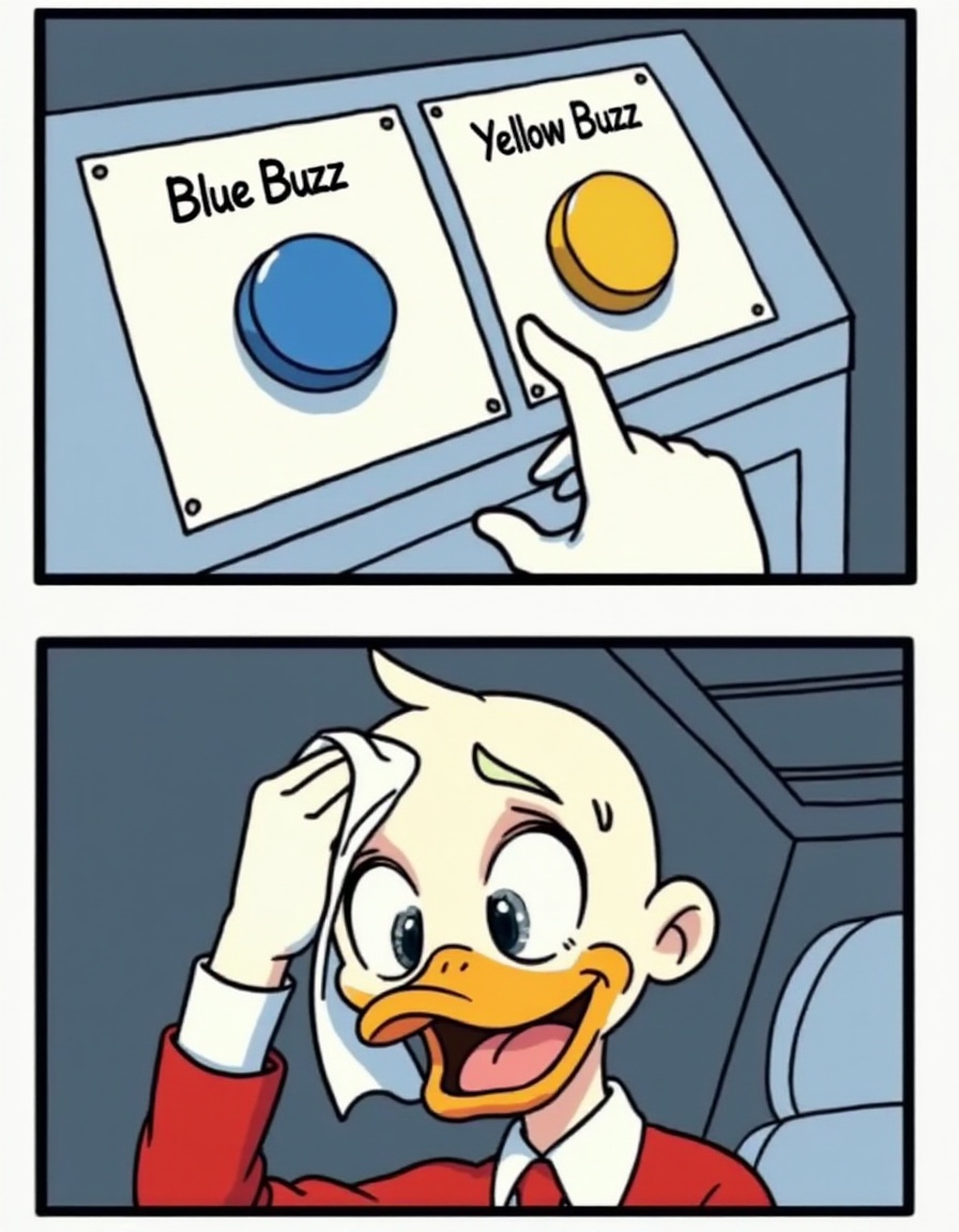 In twobuttonsmeme style. two buttons,  label above the blue button,  label above the yellow button. scrooge mcduck wiping...