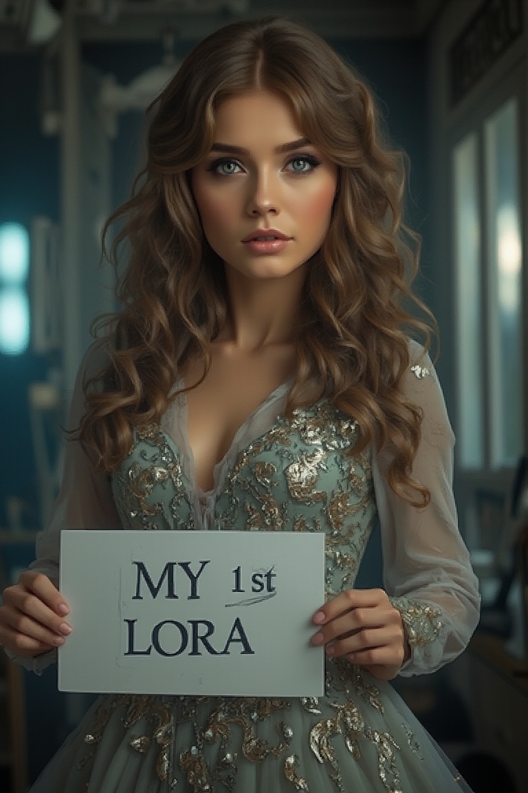 Blockbuster movie poster of Paulina2 wearing a captivating fashion dress. She held sign "My 1st LoRA". High fashion. The l...