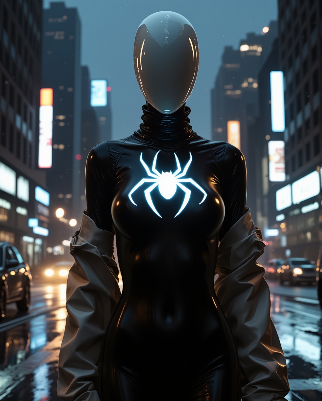 white bald female faceless mannequin wearing a tight black body with glow white spider on chest,  in rainy dark futuristic...