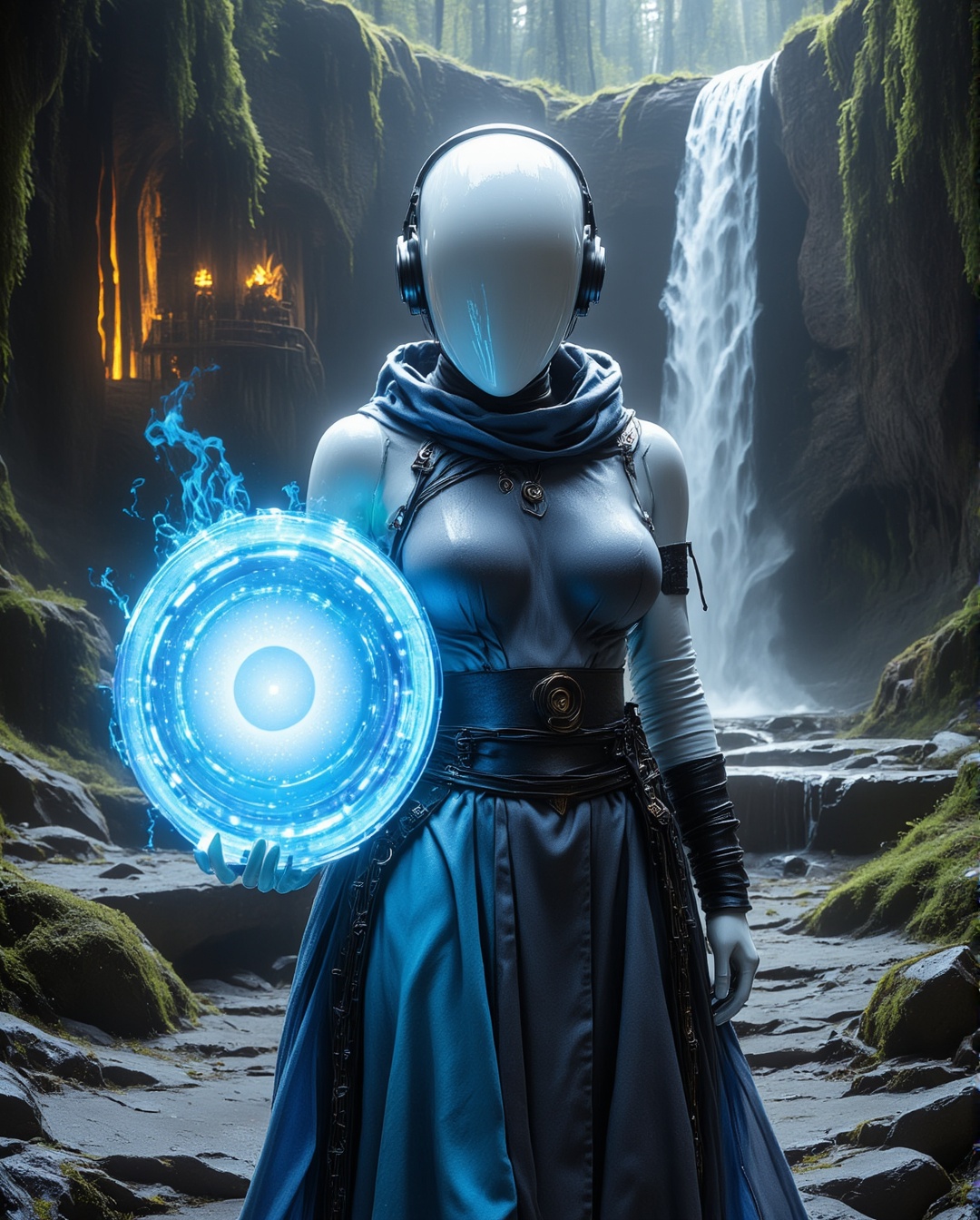 white female faceless mannequin wearing a futuristic gladiator helmet and futuristic street fighter chun-li dress,  glow c...