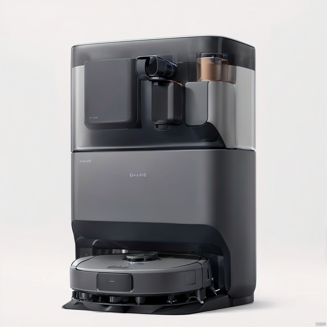 A sweeper product design with a sweeper and a base station on a white background, product design,product render,robot