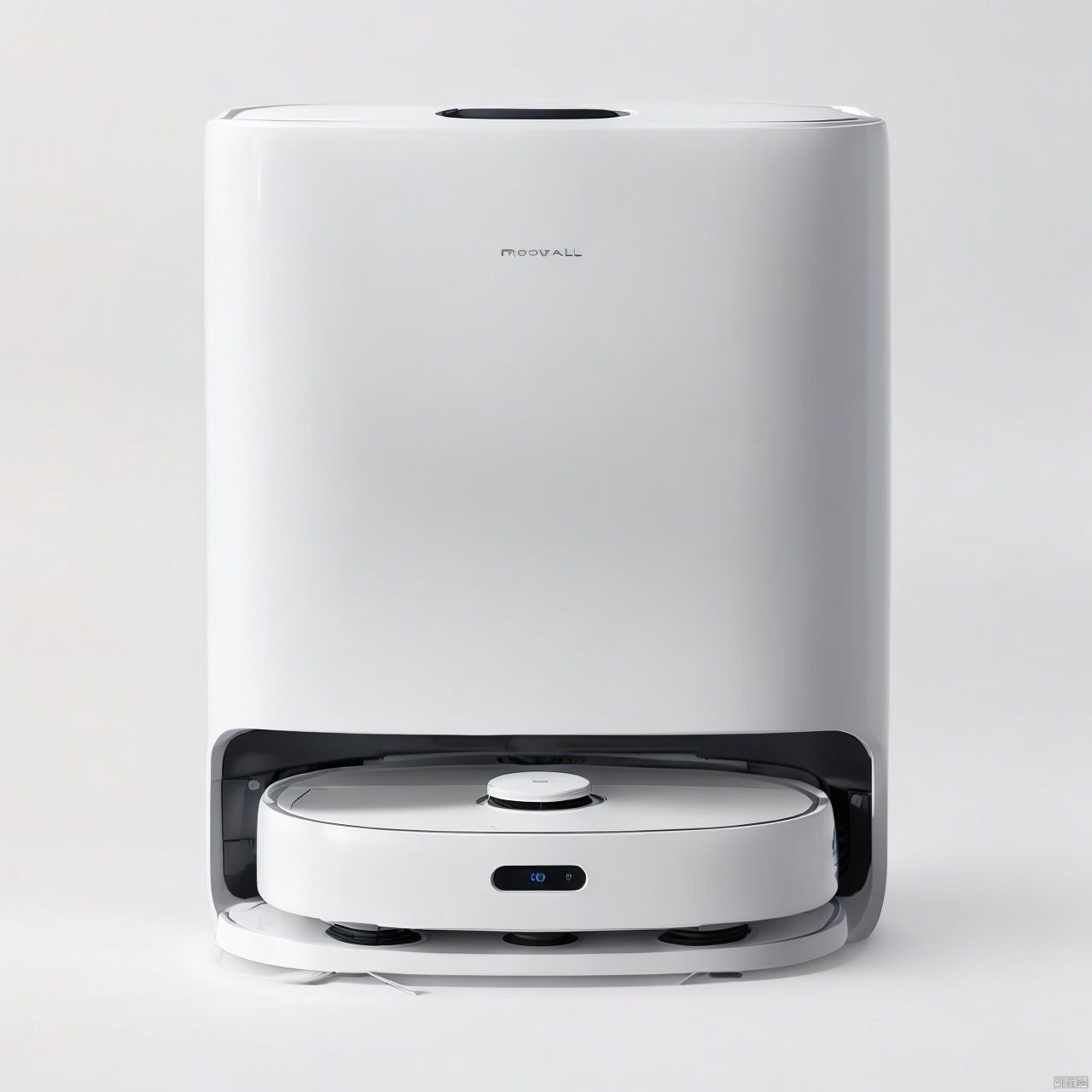 A sweeper product design with a sweeper and a base station on a white background, product design,product render,robot