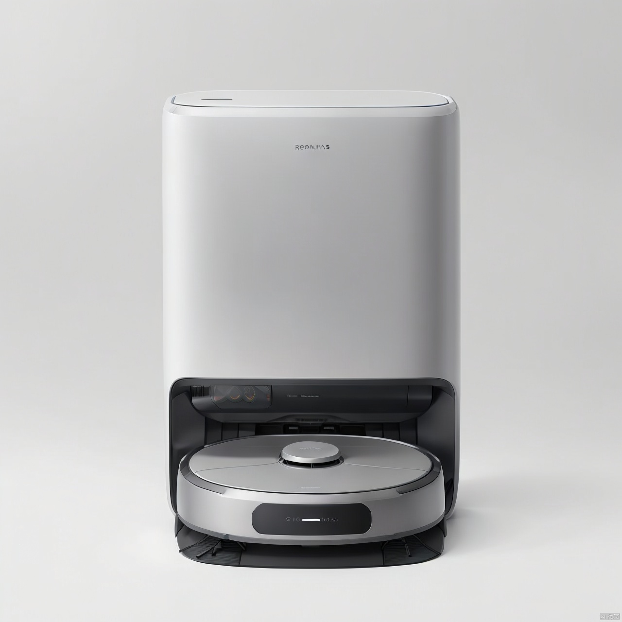A sweeper product design with a sweeper and a base station on a white background, product design,product render,robot,Dieter Rams design style,stainless steel lustre,Mirror metal, product render, A conceptual robot
