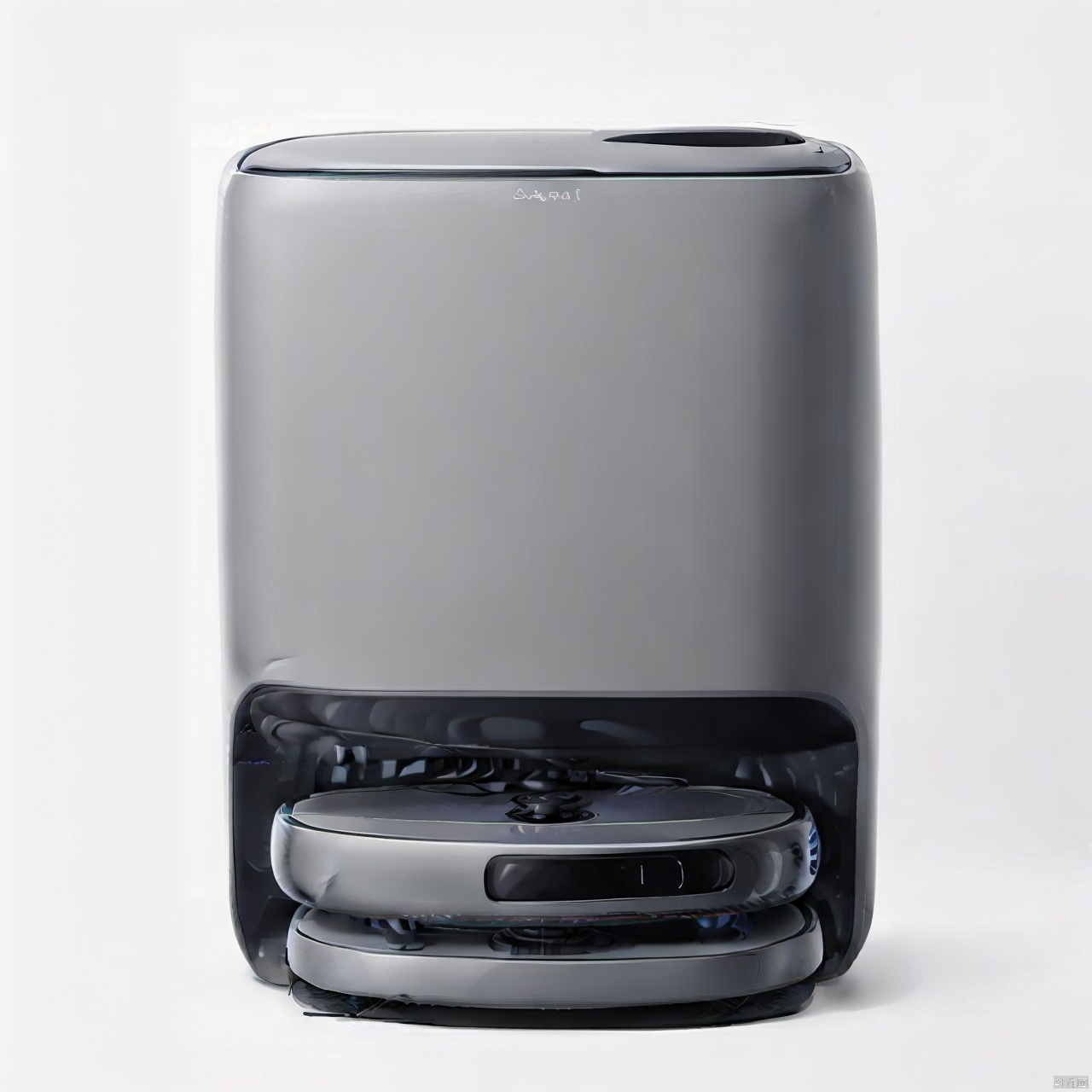 A sweeper product design with a sweeper and a base station on a white background, product design,product render,robot
