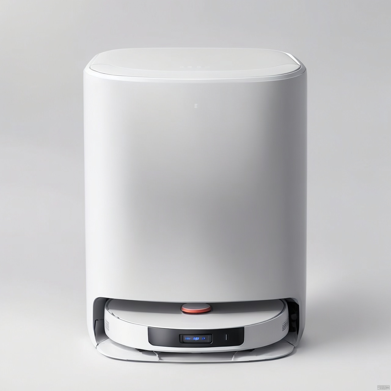 A sweeper product design with a sweeper and a base station on a white background, product design,product render,robot