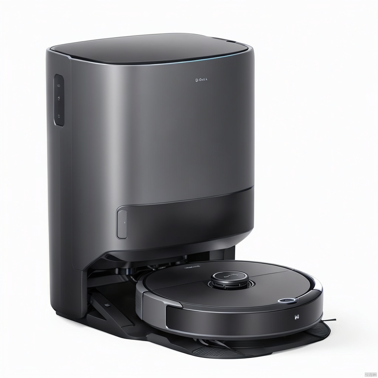 A sweeper product design with a sweeper and a base station on a white background, product design,product render,robot