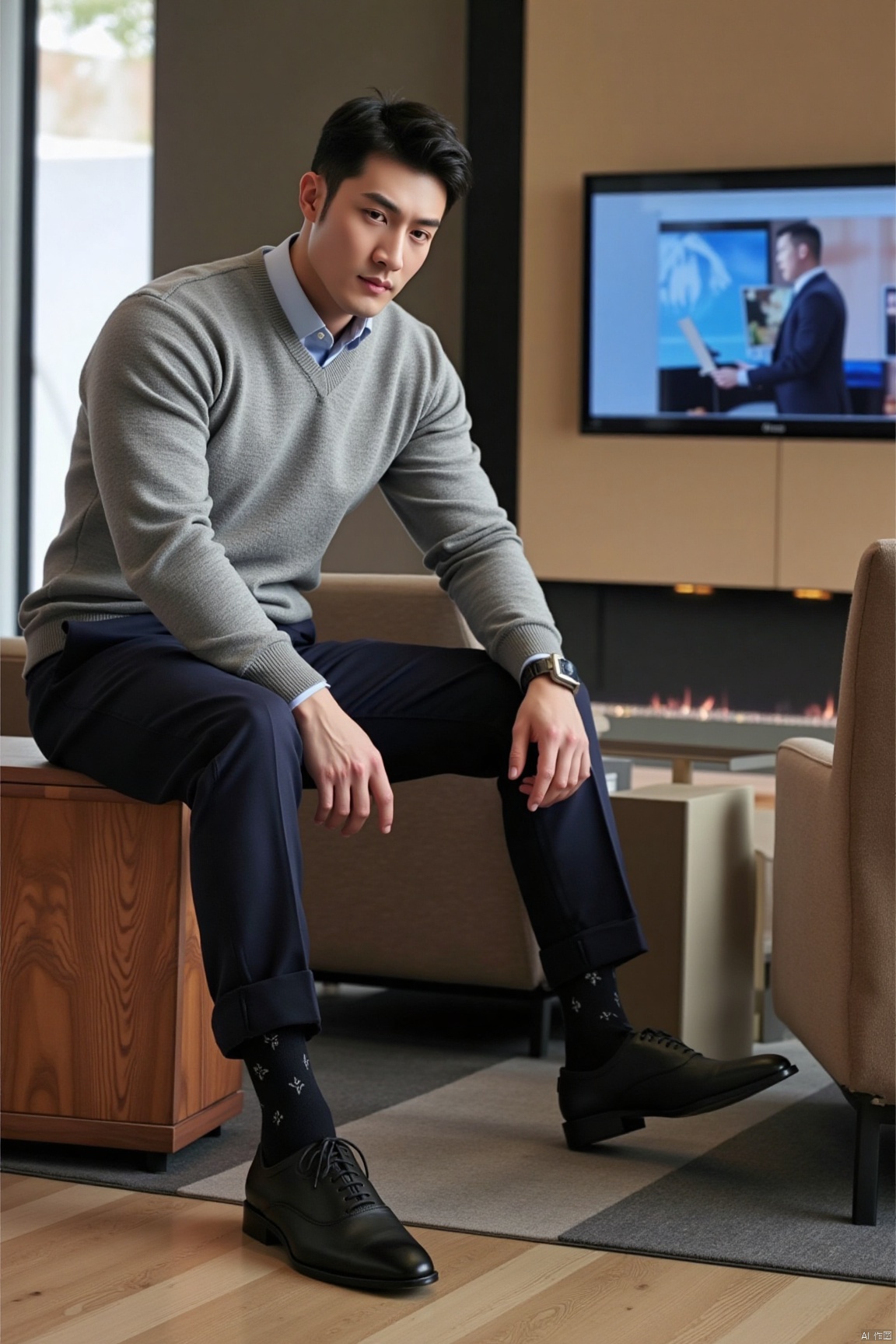 jzns, 1man,fashion model,asian,exquisite facial features,handsome,Business fashion,wearing sweater,shirt,pants,dark Pattern socks,Oxford style footwear,sitting,full body,indoors, natural  Lighting,magnificent,,masterpiece, realistic, best quality, highly detailed,