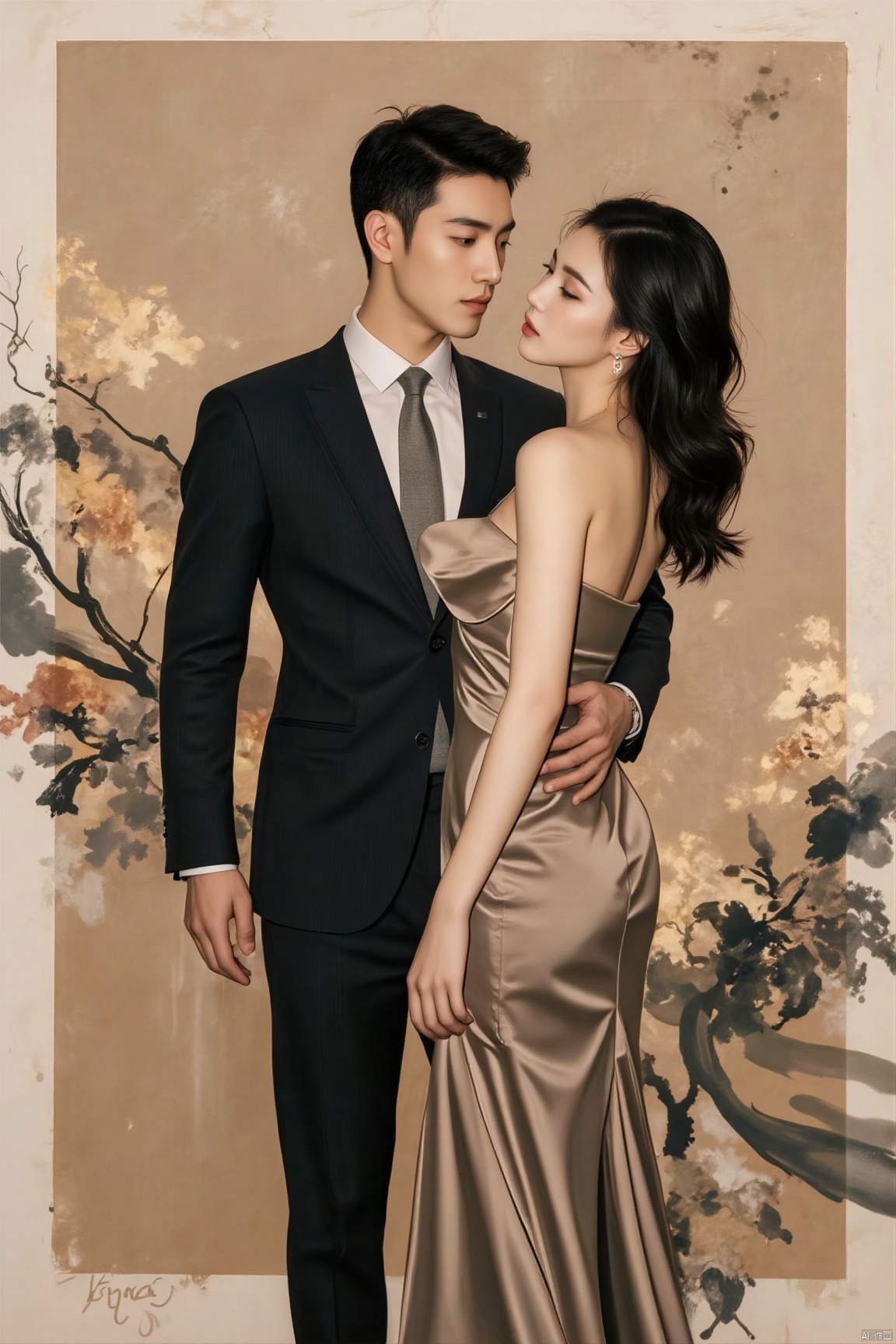 👫,a Handsome man and a sexy girl hugging together,standing,asian,exquisite facial features,formal,full body,Dynamic pose,romantic realism, atmospheric, award winning artwork,ink wash painting background, magnificent, masterpiece, realistic, best quality, highly detailed,profession, creative, glowing, dynamic,jzns,plns