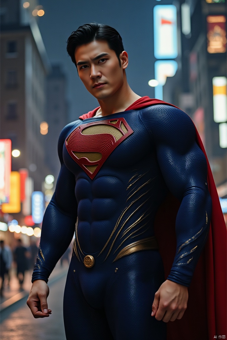 jzns,1man,superman,male focus,asian,exquisite facial features,handsome,muscular,superman clothes,Dynamic pose,full body, looking at viewer,romantic realism, atmospheric,city,night,perfect background, magnificent,masterpiece, realistic, best quality, highly detailed,profession, award winning artwork,ink wash painting background