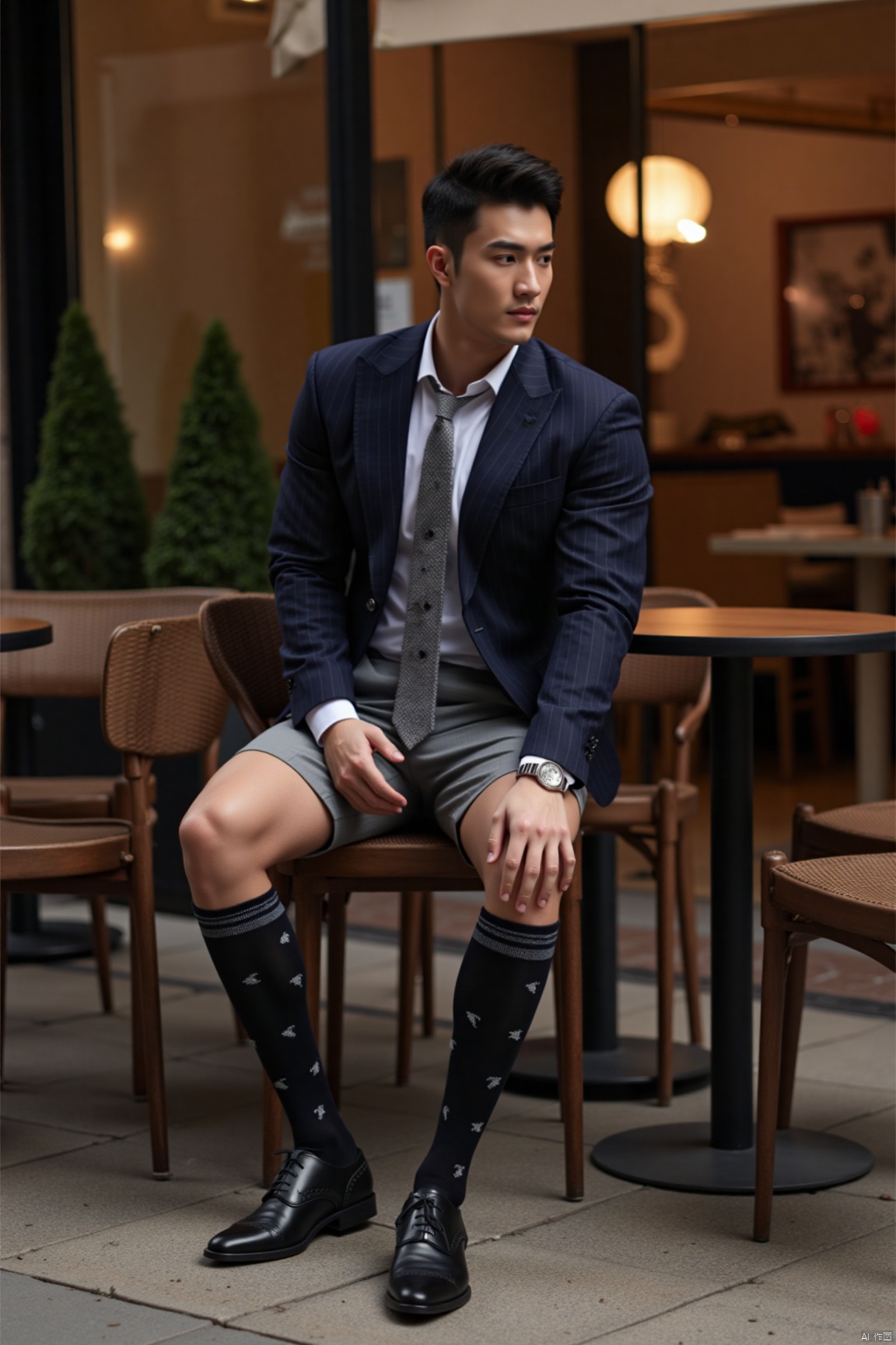 jzns, 1man,fashion model,male focus,asian,exquisite facial features,handsome,muscular,(tight shorts),Pattern kneehigh socks,oxford style footwear,sitting,full body,Business fashion, outdoors,cafe,romantic realism, dust atmospheric,magnificent,,masterpiece, realistic, best quality, highly detailed,wjc