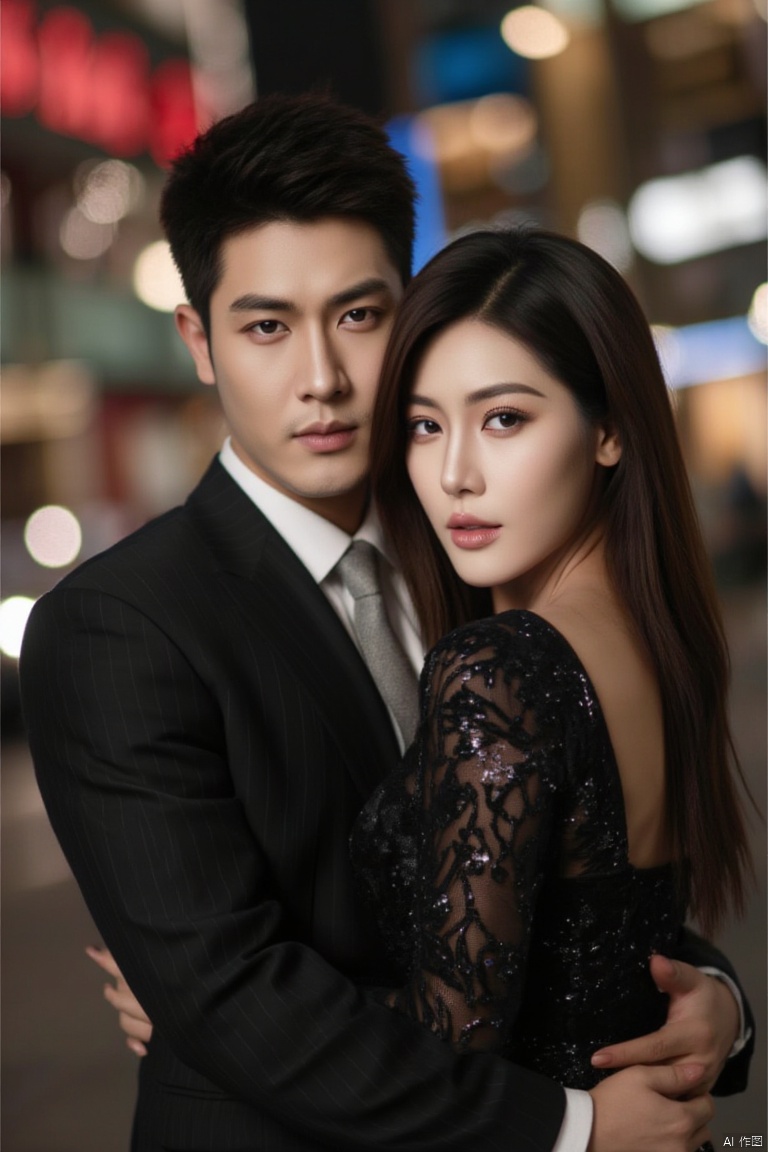 👫,a Handsome man and a sexy woman hugging together,standing,,asian,exquisite facial features,formal,full body,city,outdoors,neon lights,Dynamic pose, city landscape, romantic realism, atmospheric, perfect background, magnificent, masterpiece, realistic, best quality, highly detailed,profession, creative, glowing, dynamic,jzns,plns,xkj