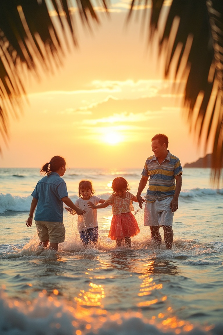A warm sunset casts a golden glow on a Malaysian family's joyful moment at the beach. The father,  mother,  and two childr...