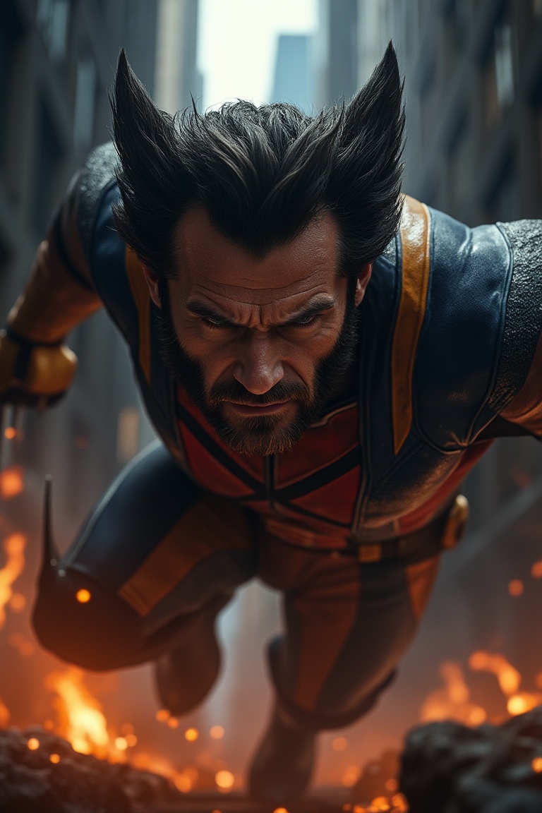 Close-up shot of Wolverine's rugged profile,  eyes narrowed as he leaps through a smoky alleyway,  flames dancing behind h...