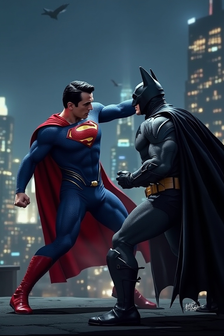 Superman and Batman clash in a dynamic showdown on the rooftop of Metropolis's Daily Planet building. Superman's iconic re...