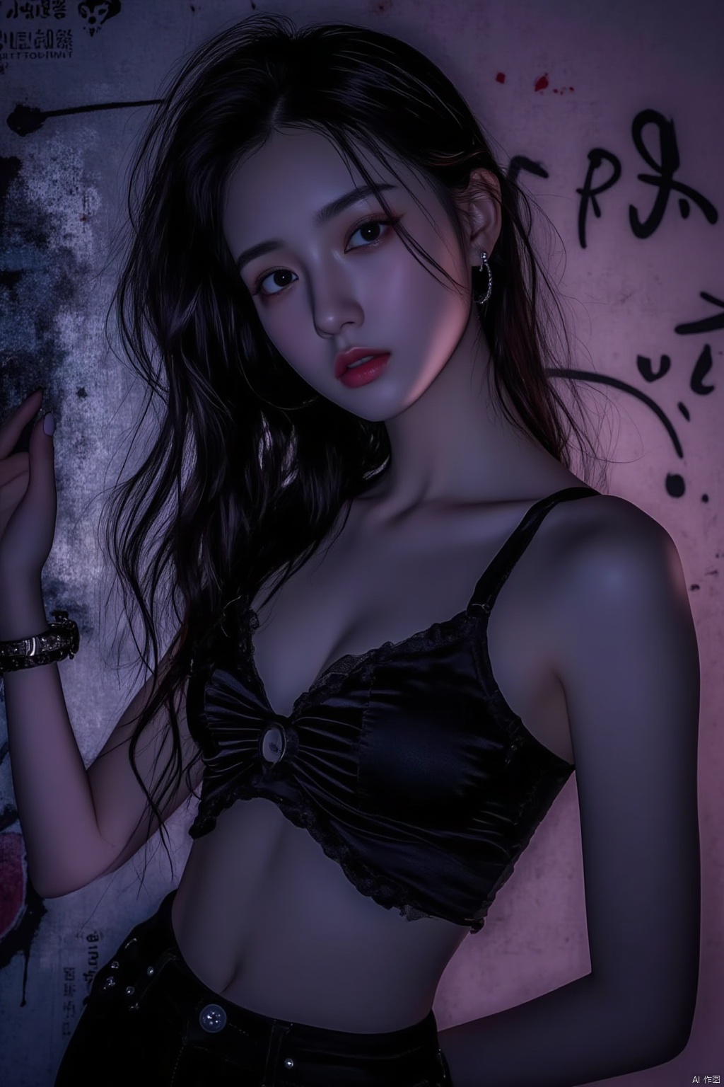 illustration, best quality, ultra-detailed, super detailed skin, cute, lovely, extremely detailed, 8K, solo, 1girl, detailed background, urban, night, dynamic angle, beautiful eyes, blash, smile, streetwear, street style, emphasis splatter, splatter, graffiti, spraycan, motion, navel, croptop, ear piercing, two-tone hair color, cool, HDR, wind, perfect hand, active, ART STYLE, hands behind back, yunqing, newspaper