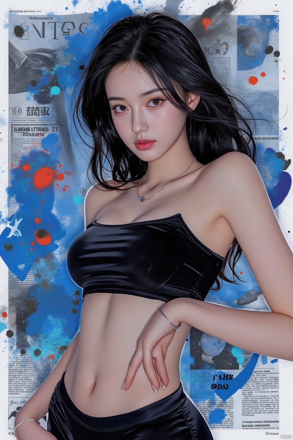 illustration, best quality, ultra-detailed, super detailed skin, cute, lovely, extremely detailed, 8K, solo, 1girl, detailed background, urban, night, dynamic angle, beautiful eyes, blash, smile, streetwear, street style, emphasis splatter, splatter, graffiti, spraycan, motion, navel, croptop, ear piercing, two-tone hair color, cool, HDR, wind, perfect hand, active, ART STYLE, hands behind back, yunqing, newspaper