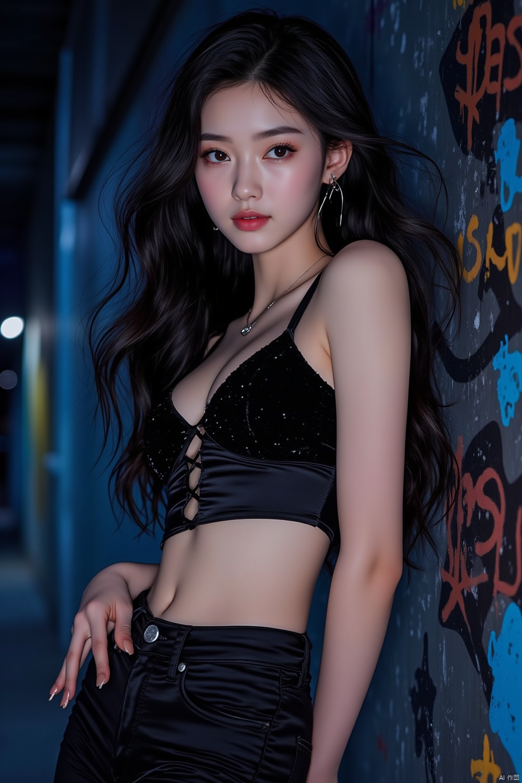 illustration, best quality, ultra-detailed, super detailed skin, cute, lovely, extremely detailed, 8K, solo, 1girl, detailed background, urban, night, dynamic angle, beautiful eyes, blash, smile, streetwear, street style, emphasis splatter, splatter, graffiti, spraycan, motion, navel, croptop, ear piercing, two-tone hair color, cool, HDR, wind, perfect hand, active, ART STYLE, hands behind back, yunqing, newspaper