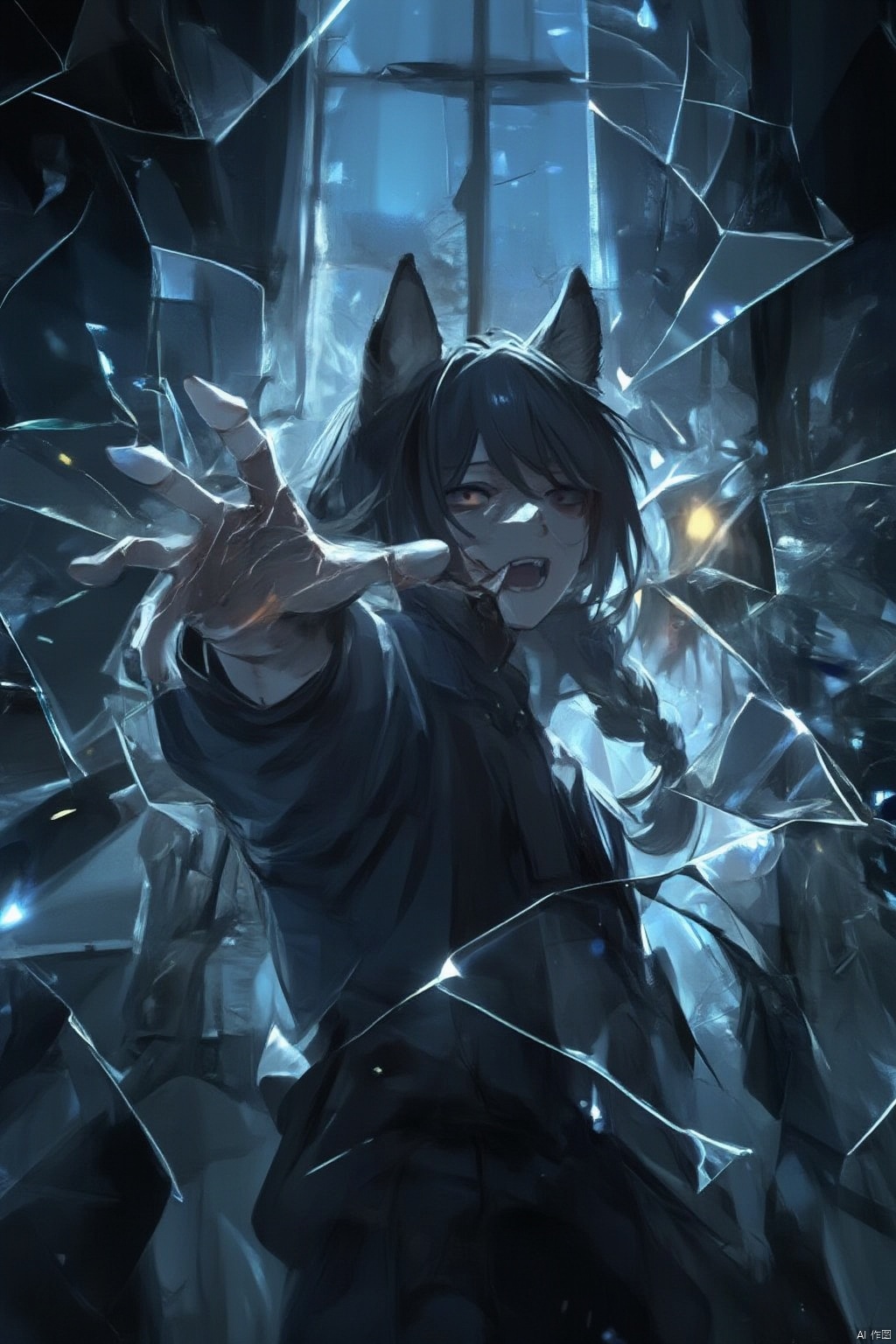A lone boy, with animal ear headbands and long hair tied in a braid, stands defiantly amidst shattered glass. He wears a hooded hoodie, his gaze fixed directly on the viewer as he reaches out with an open mouth, as if to grasp something just out of reach. The eerie atmosphere is illuminated by dim lighting, casting an glow on the scene.
