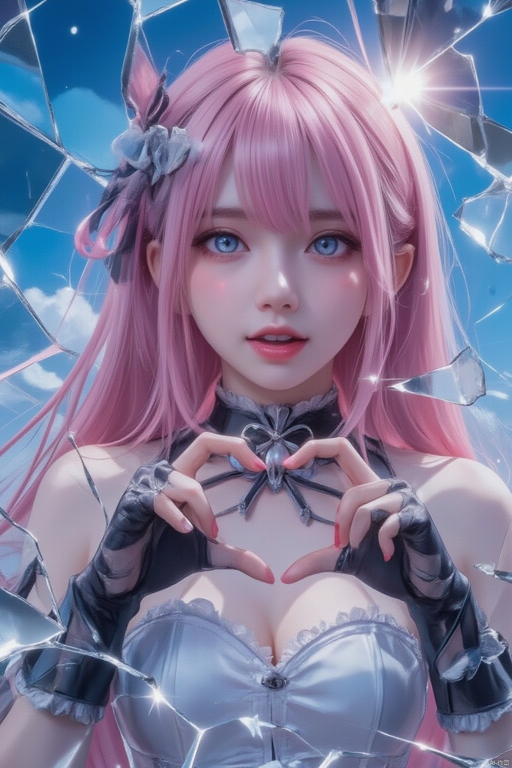 A young girl with piercing blue eyes and long pink hair adorned with a hair ornament, stands solo in front of a bright blue sky. She wears a white corset, fingerless gloves on her left hand, and black gloves with 4-finger heart hands on her right. Her face is lit from above, highlighting her bright smile as she opens her mouth, revealing only her upper teeth. In the background, shattered glass reflects the vibrant colors of her outfit, creating a striking composition.