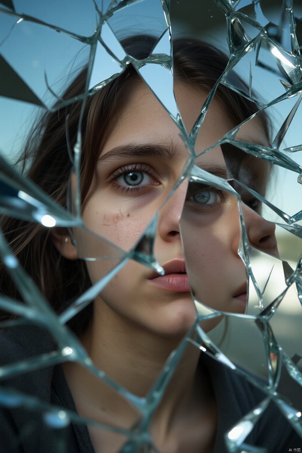 A close-up shot of a girl's face, reflected in shards of broken glass. The framing is tight, with the girl's features distorted and fragmented by the jagged edges of the glass. Soft, natural light illuminates her expression, which appears contemplative and wistful. The composition emphasizes the shattered glass, creating a sense of fragmentation and disintegration. The girl's pose is still, as if lost in thought, amidst the shards that reflect her fractured emotions.