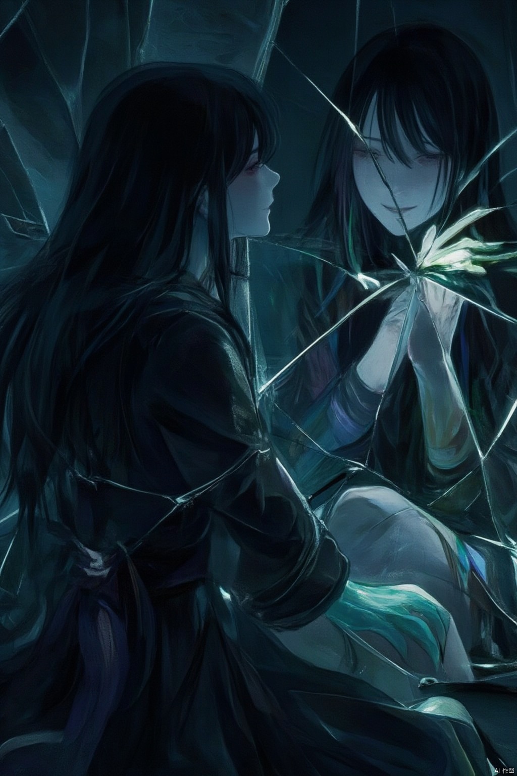 In a dimly lit room, a girl with striking heterochromia sits solo in front of a shattered mirror. Her long, dark hair cascades down her back like a waterfall of night, while her black locks frame her face. Her green and colored extremities peek out from beneath her long sleeves. Her white skin glows against the darkness. She gazes at her reflection with a serene smile, hands cradling her own face as if embracing herself. The broken glass around her seems to reflect her unique beauty, like shards of a mirror shattered by the beauty within.