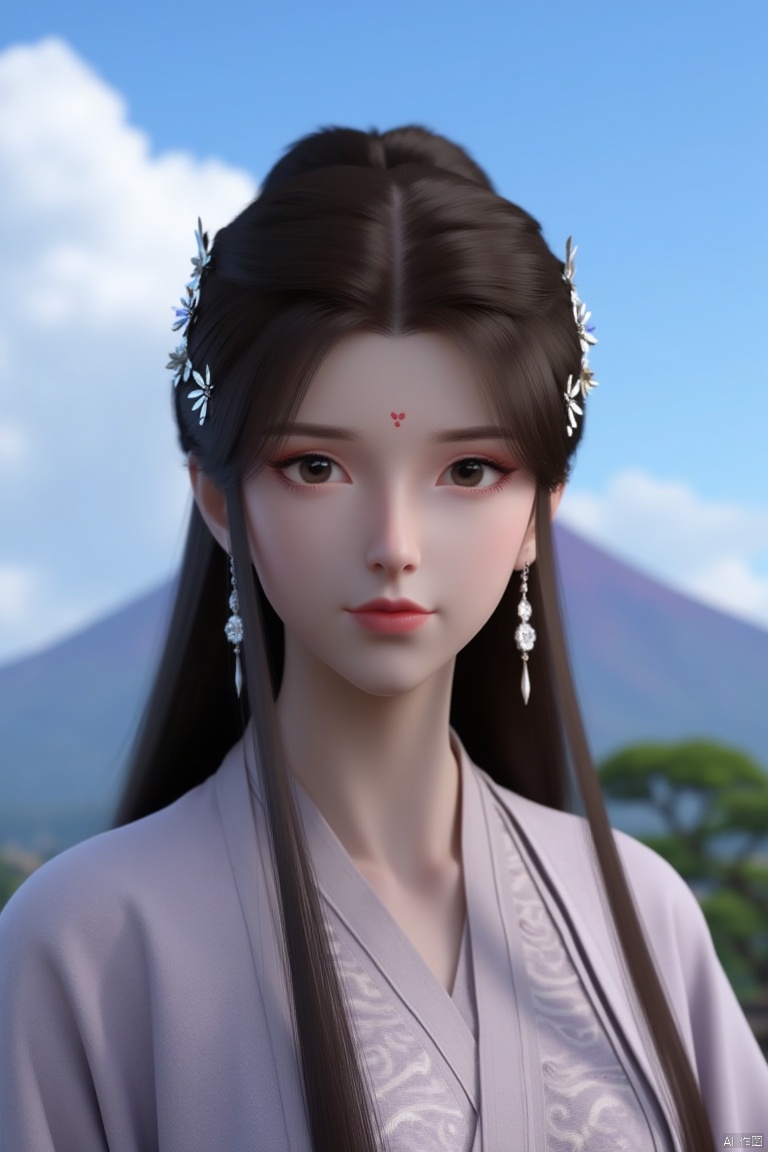 a woman, hair ornament, hair flower, long hair, brown hair, black hair, forehead mark, facial mark, earrings, chinese clothes, long sleeves, hanfu, dress, 
There is a mountain behind her. The sky above her is blue with white clouds.