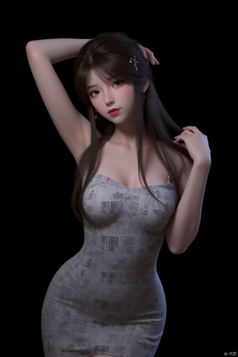 This is a high-resolution portrait of a modern style, featuring a young woman. She is wearing a tight dress printed with English and patterns, the pattern of which resembles a newspaper. Her hair is black, falling over her shoulders, and she has one hand resting on the back of her head while the other hangs naturally by her side. Her eyes are fixed on the camera, and her expression is calm. She appears to be between the ages of 20 and 30, Low cut outfit, medium breast size, slim in figure, with delicate features, and fair skin. Her eyes are brown, and her lips are tinted with a subtle shade of red lipstick. Her hair falls to her shoulders, with a deep brown color, styled in loose waves without bangs. The background is dark, giving a mysterious feel.,1girl
